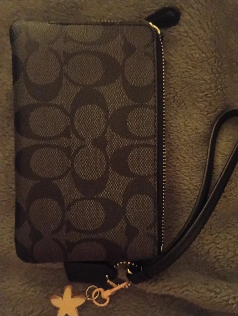 Coach Black & Charcoal Signature Zip Wristlet with Flower Charm